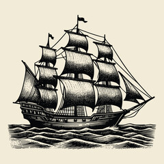 hand drawn ship old engraving vector illustration style. illustration of an old fashioned sailing sh