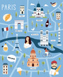 Colorful illustrated cartoon map of Paris, France with famous places, landmarks, symbols. Can be used for posters, travel guides, wall arts