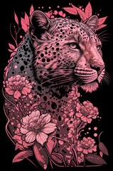 Wall Mural - Leopard and flowers.  illustration.