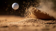 Golf ball mid-air with sand trailing behind, indicating a shot from a bunker.
