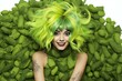 Beautiful girl with green hair and red lips in a green wig