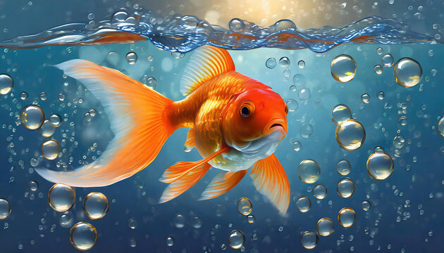 Goldfish swimming in the water. Underwater world, close up view