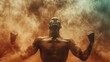 © Tanasorn - A muscular African-American man with his arms raised in victory, surrounded by smoke and fire.