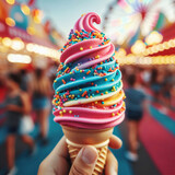 Fototapeta  - hand holding swirl rainbow ice cream in fun fair
