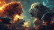 A digital painting of a pride of lions in the middle of a thunderstorm. The background is a swirling vortex of clouds and lightning. The lions are all different colors, and they are all roaring and ba