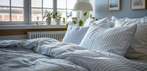 Wall Mural - A bed with a striped comforter and pillows