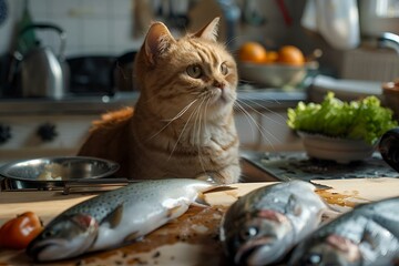 Wall Mural - AI generated illustration of a hungry, tabby cat looking at raw fish on the table