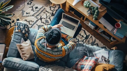 Wall Mural - A person working on a creative project while sitting on a comfortable couch. 