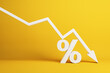 © Who is Danny - falling white chart arrow with percent icon on yellow background. Falling interest rates and mortgage concept. 3D Rendering.