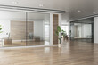 Modern office interior with a corridor, glass partitions, wooden walls, furniture, and city view through the windows, concept of workspace. 3D Rendering