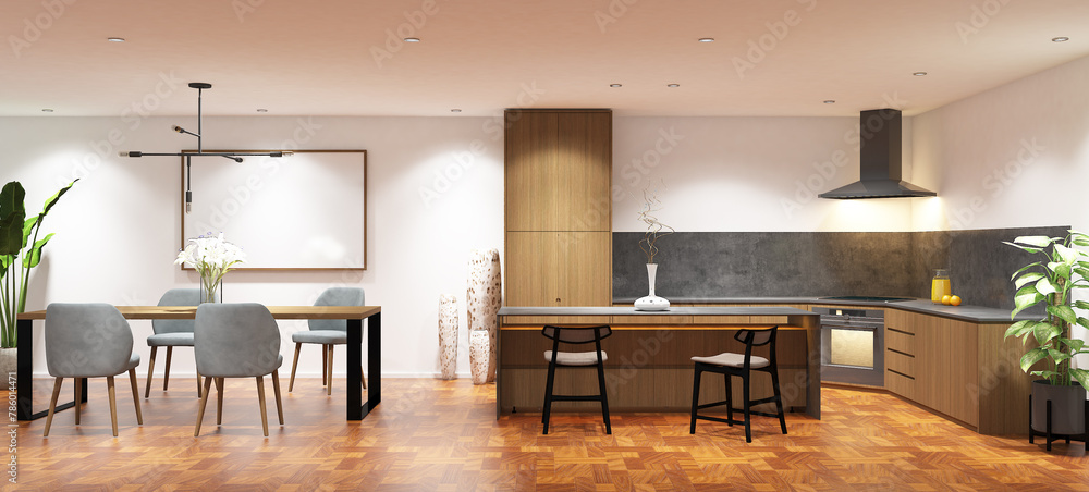 3d rendering interior design of pantry and dining room with island ...