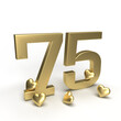 Gold number 75, seventy five with hearts around it. Idea for Valentine's Day, wedding anniversary or sale. 3d rendering