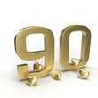 Gold number 90, ninety with hearts around it. Idea for Valentine's Day, wedding anniversary or sale. 3d rendering
