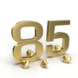 Gold number 85, eighty-five with hearts around it. Idea for Valentine's Day, wedding anniversary or sale. 3d rendering