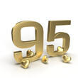 Gold number 95, ninety-five with hearts around it. Idea for Valentine's Day, wedding anniversary or sale. 3d rendering