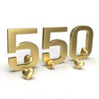 Gold number 550, five hundred and fifty with hearts around it. Idea for Valentine's Day, wedding anniversary or sale. 3d rendering