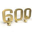 Gold number 600, six hundred with hearts around it. Idea for Valentine's Day, wedding anniversary or sale. 3d rendering