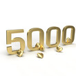 Gold number 5000, five thousand with hearts around it. Idea for Valentine's Day, wedding anniversary or sale. 3d rendering
