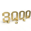 Gold number 3000, three thousand with hearts around it. Idea for Valentine's Day, wedding anniversary or sale. 3d rendering
