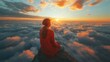 Serene image of a young woman sitting atop a rocky outcrop, overlooking a stunning sea of clouds illuminated by a brilliant sunrise.