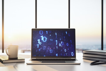 Modern computer monitor with creative abstract binary code hologram. Database and programming concept. 3D Rendering