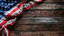 Celebrating Independence Day On July 4th. Background With American Flag And Old Wooden Boards With Copy Space.