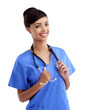 © peopleimages.com - Healthcare, portrait and woman nurse in studio with stethoscope for lungs, heart or chest exam on white background. Hospital, face and surgical intern smile with friendly service, help or consulting