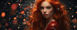 Red-haired beauty with intense gaze against a dynamic red backdrop, fantasy-like