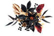Glossy flowers bouquets and leaves with golden red, and black color luxury decoration element isolated on background, shiny botanical plant, summer beautiful bouquets.