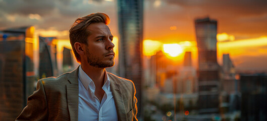 Poster - A man in a suit is looking out over a city at the sunset