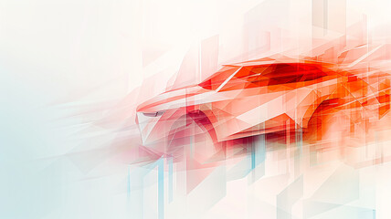 Red car moving fast, abstract geometric style postcard background