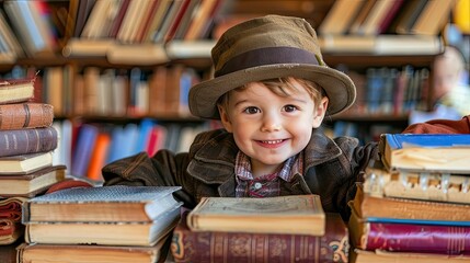 A young child is standing in front of a pile of books, wearing a hat and smiling