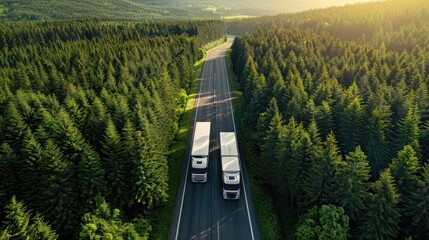 Two semi trucks are driving down a road through a forest