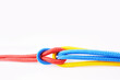 © peopleimages.com - Colourful, ropes and tied for together in studio to represent unity, connect and trust. Secure, string and reef knotted for security to stop movement of objects safety on isolated white background