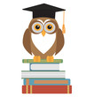 Owl in graduation cap sitting on stack of books. Vector illustration.