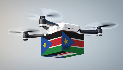 Wall Mural - Aerial view of drone delivery. A UAV transporting a box with the South Sudan flag, representing the cutting-edge technology in logistics.