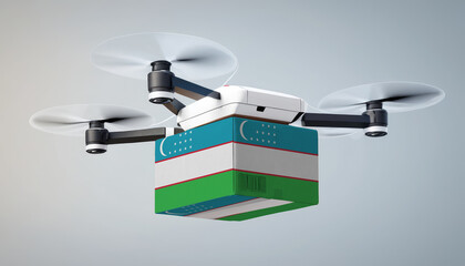 Wall Mural - Aerial view of drone delivery. A UAV transporting a box with the Uzbekistan flag, representing the cutting-edge technology in logistics.