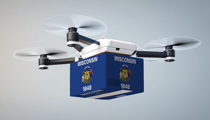 Wall Mural - Aerial view of drone delivery. A UAV transporting a box with the Wisconsin flag, representing the cutting-edge technology in logistics.