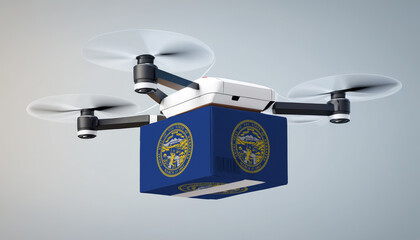 Wall Mural - Aerial view of drone delivery. A UAV transporting a box with the Nebraska flag, representing the cutting-edge technology in logistics.