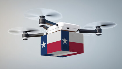 Wall Mural - Aerial view of drone delivery. A UAV transporting a box with the Texas flag, representing the cutting-edge technology in logistics.