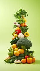 A tall tower of vegetables and fruits, including broccoli, cauliflower