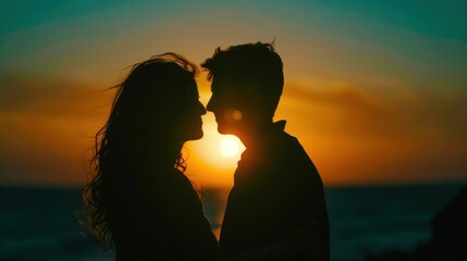 Close-up of a couple's silhouette against a sunset backdrop.