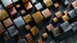 Metallic cubes in copper, silver, gold on dark grey provide a luxe, modern aesthetic.