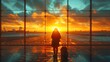 A highquality photo of a tourist photographing the sunrise through the massive glass windows of an airport