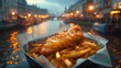 A highquality photo of floating British fish and chips, against a lively urban London street background at twilight