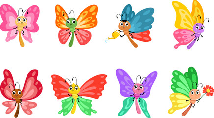 Wall Mural - Cute Butterfly Cartoon Characters. Vector Flat Design Collection Set Isolated On Transparent Background