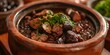 A classic Brazilian dish, Feijoada, served in a traditional clay pot, rich with black beans and pork meat, symbolizing warmth and hospitality