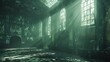 Abandoned Grand Ballroom with Sunbeams Streaming through Windows and Dust in the Air