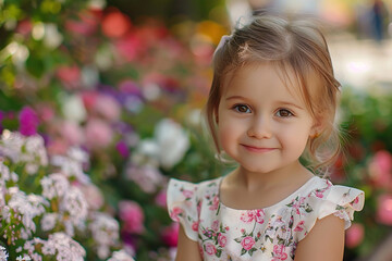 Wall Mural - Generative AI Image of Beautiful Russian Little Girl Smiling in Colorful Flower Park