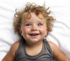 Wall Mural - A baby with curly hair is smiling and looking at the camera